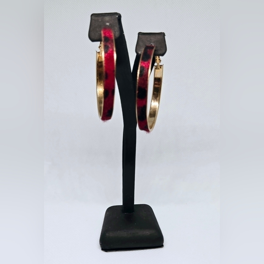 Red Leopard Print Hoop Earrings Faux Fur Gold Tone Statement Hoops